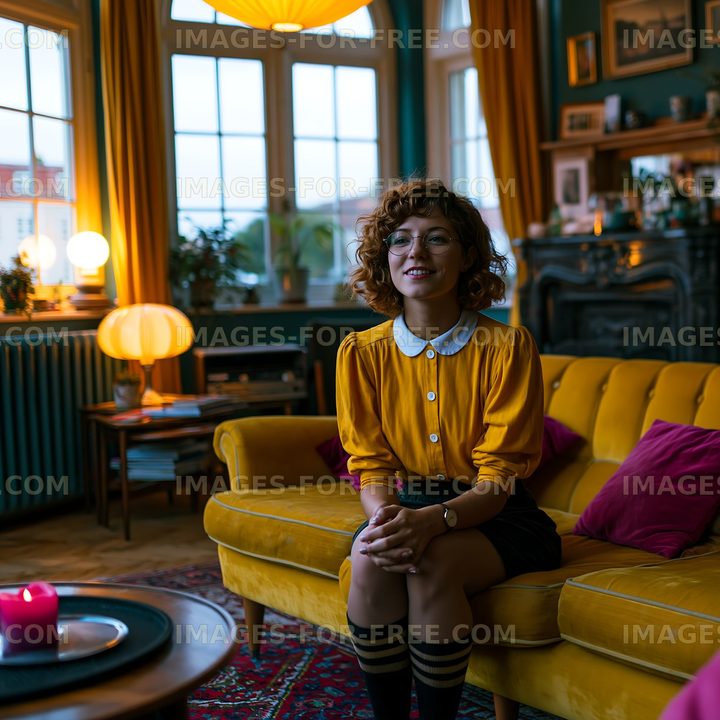 Woman sitting on yellow sofa in a cozy room with warm lighting