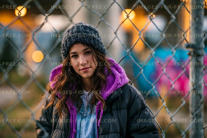 Young woman standing by a chain-link fence in an urban area
