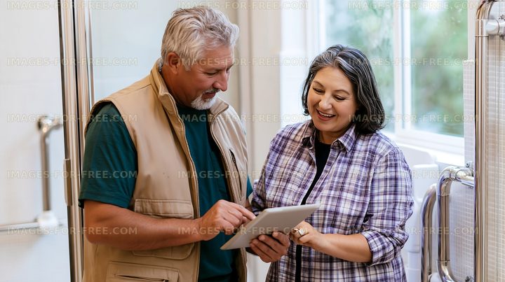 Couple discussing plans together in home bathroom