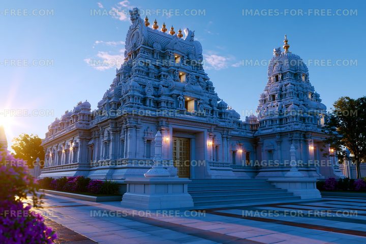 Sunrise at a Hindu temple with detailed architecture and gardens