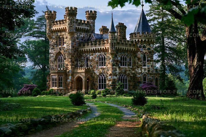 Beautiful castle surrounded by green trees and a walking path
