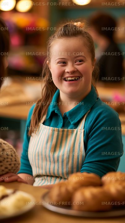 Girl smiles while working in a bakery and interacting with a customer
