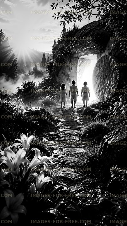 Children walking toward a glowing archway in a wooded area