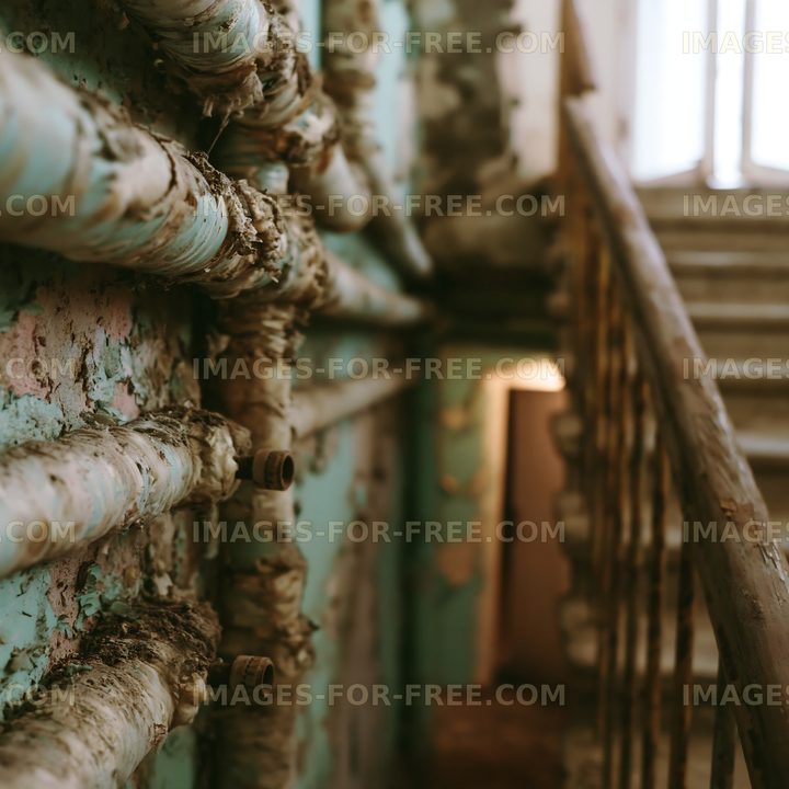 Pipes along a stairway in an old building