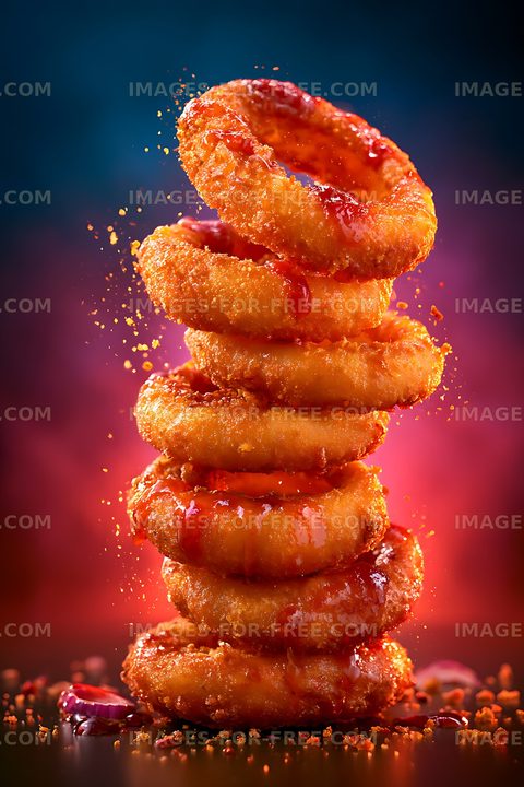 Stack of fried onion rings with sauce on a colorful background