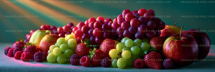 Fresh fruits arranged on a table with sunlight shining