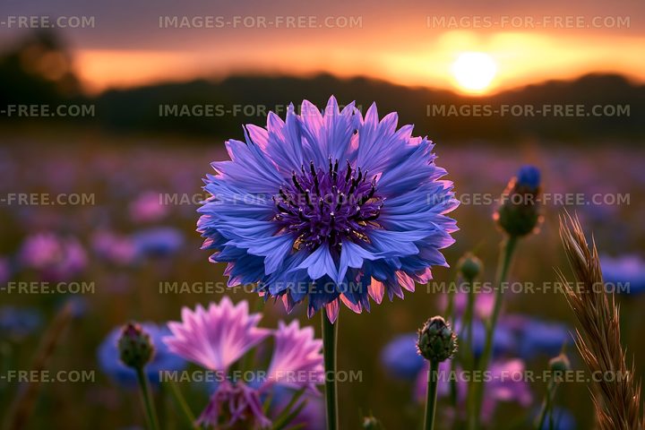 Vibrant flower blooms in a field during sunset