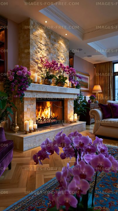 Cozy living room with fireplace and flowers in a warm setting
