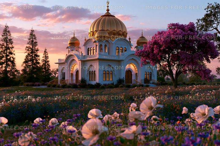 Building with golden domes and flowers at sunset