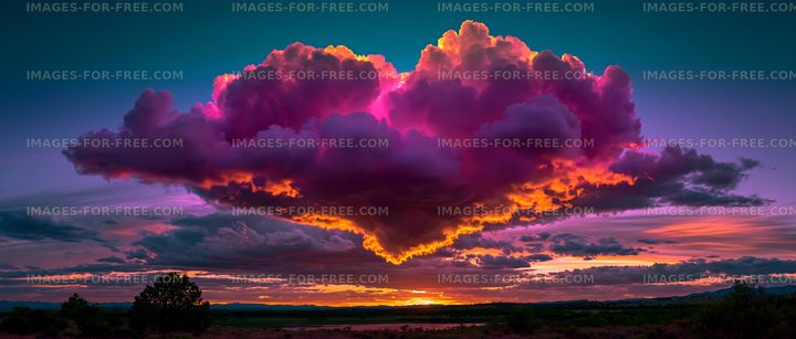 Vibrant sunset with heart-shaped cloud formation in the sky