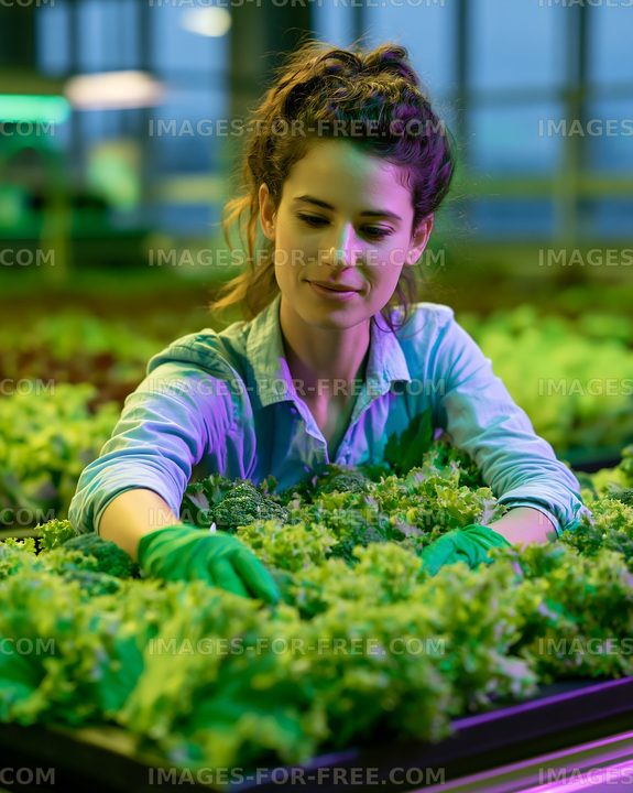 Woman working in a greenhouse harvesting fresh greens