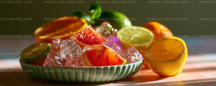 Fresh fruit slices with ice on a plate