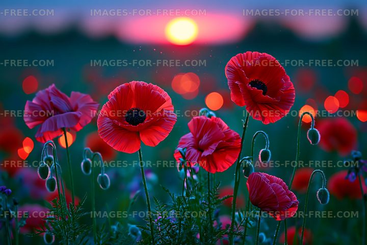 Bright red poppies bloom during sunset in a field