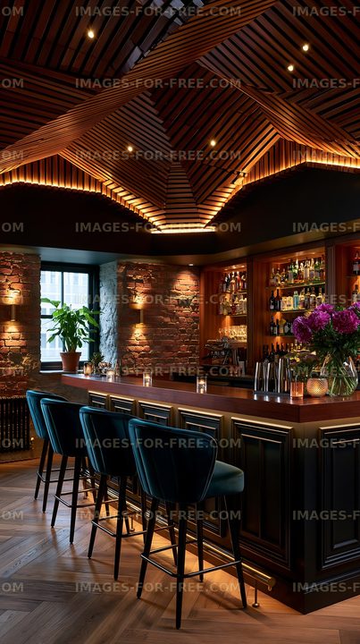 Stylish bar interior with wooden ceiling and bright lighting