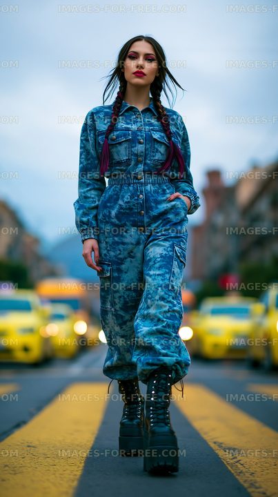 Young woman walking on the street wearing blue outfit and boots