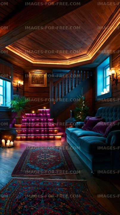 Cozy interior of a wooden cabin with stairs and soft lighting