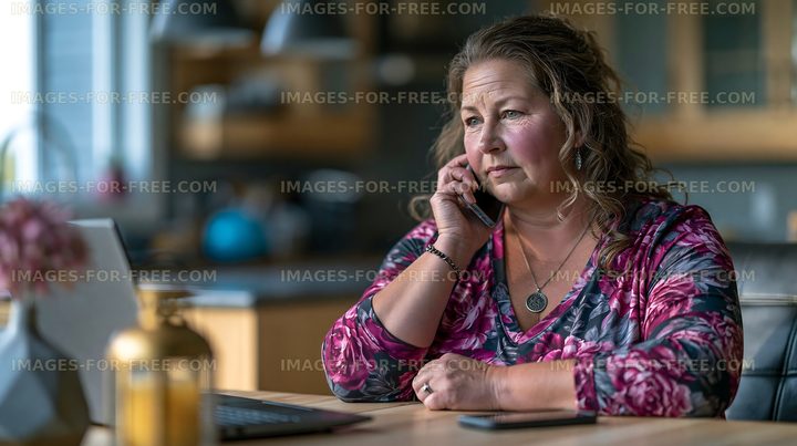 Woman talking on the phone while sitting at a table with a laptop