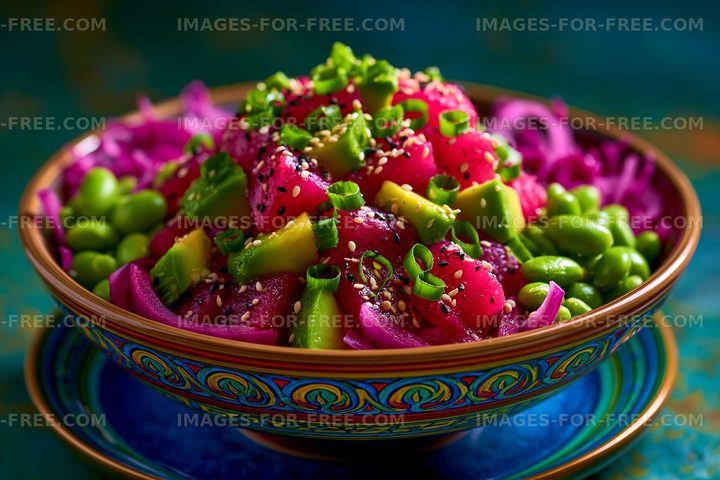 Colorful bowl of poke salad with fresh ingredients