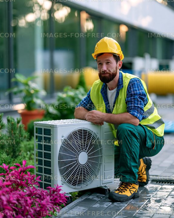 Worker installs air conditioning unit outside a building