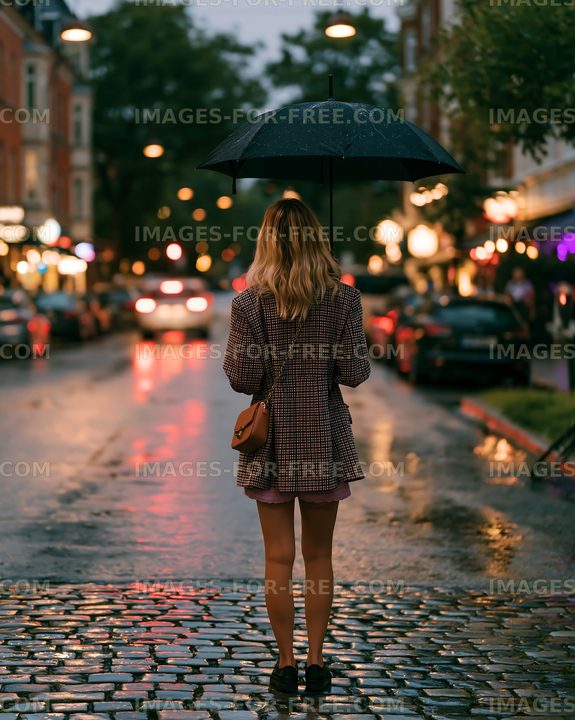 Woman with umbrella on rainy street during evening