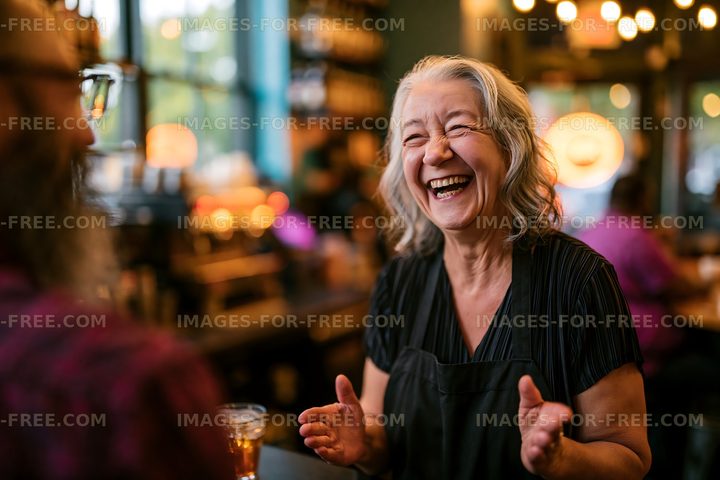 Joyful interaction between a waitress and a customer in a cafe