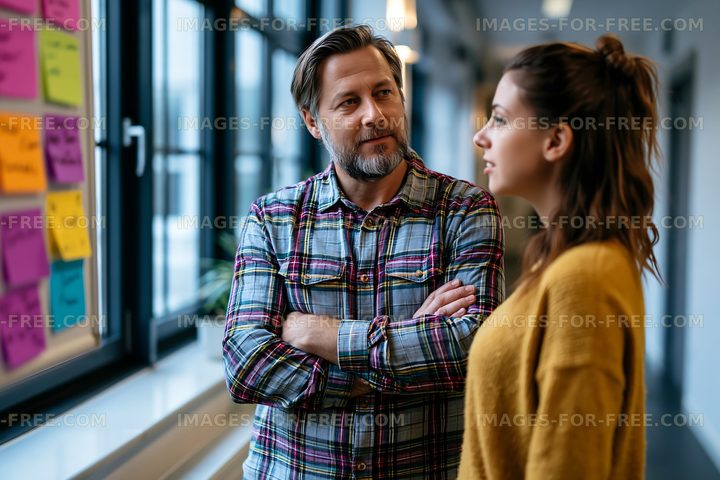 People discussing ideas by a window with sticky notes