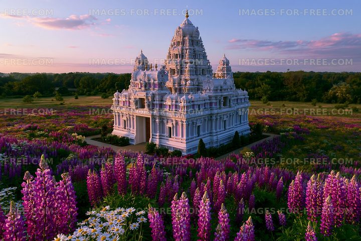 Temple surrounded by blooming flowers at sunset