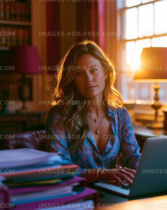 Woman working on laptop in a library during sunset