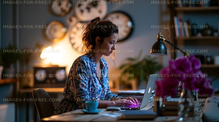 Woman working on laptop at home desk during evening