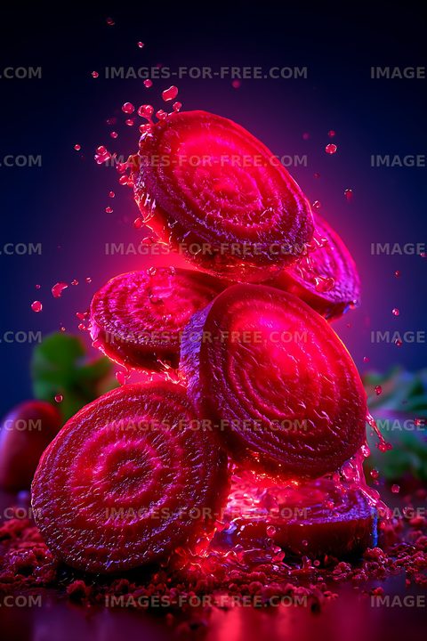 Beetroot slices with water droplets on dark background