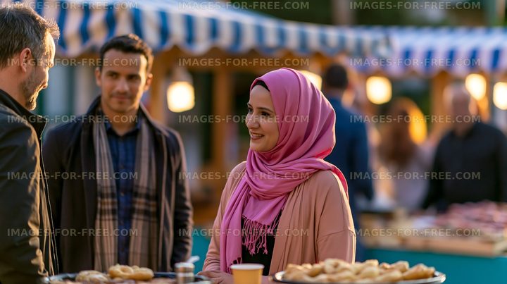 Evening market scene with people and food stalls