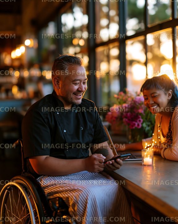 Chef in wheelchair smiles while talking with a guest at sunset