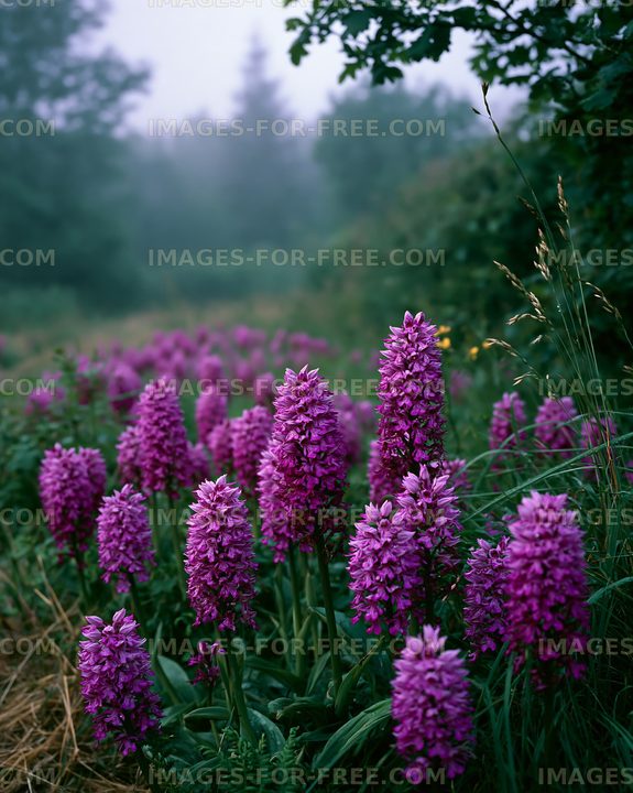 Purple flowers in a misty field during early morning