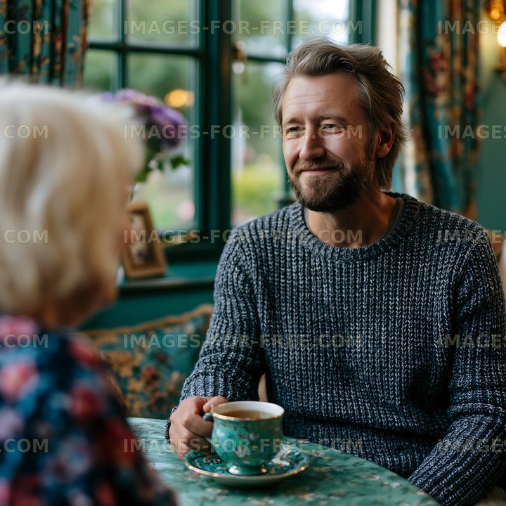 Man and woman talk over tea in cozy cafe