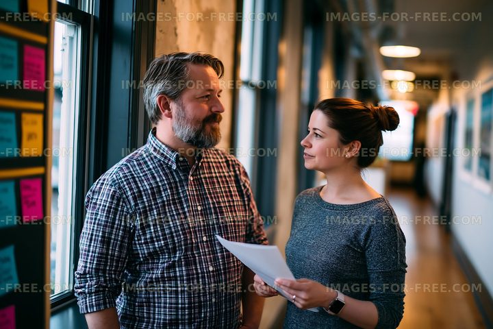 Colleagues discussing project plans in an office hallway