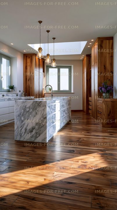 Modern kitchen design with marble and wood elements