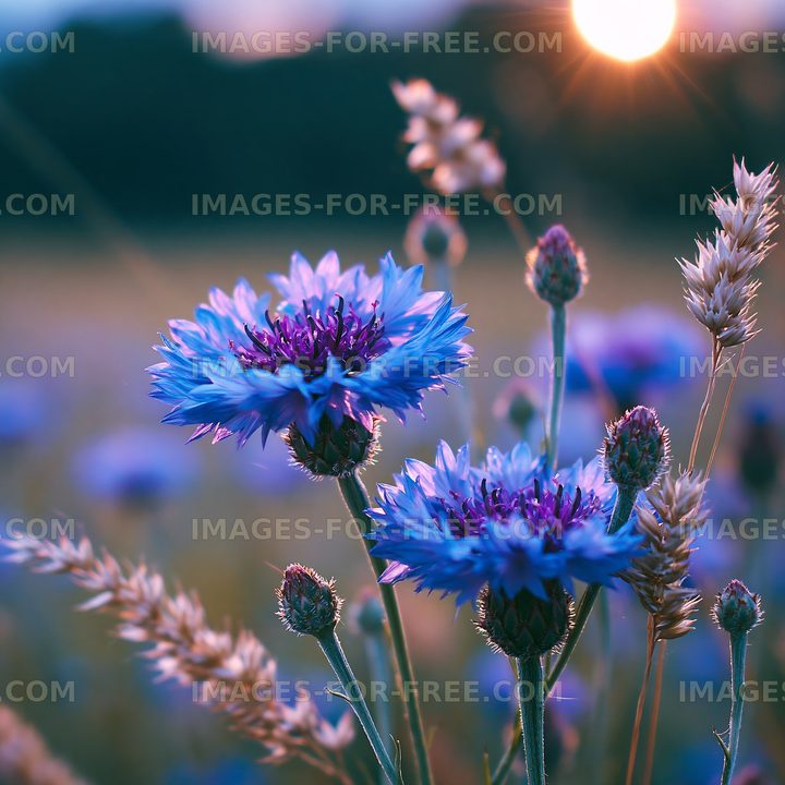 Blue flowers in a field at sunset