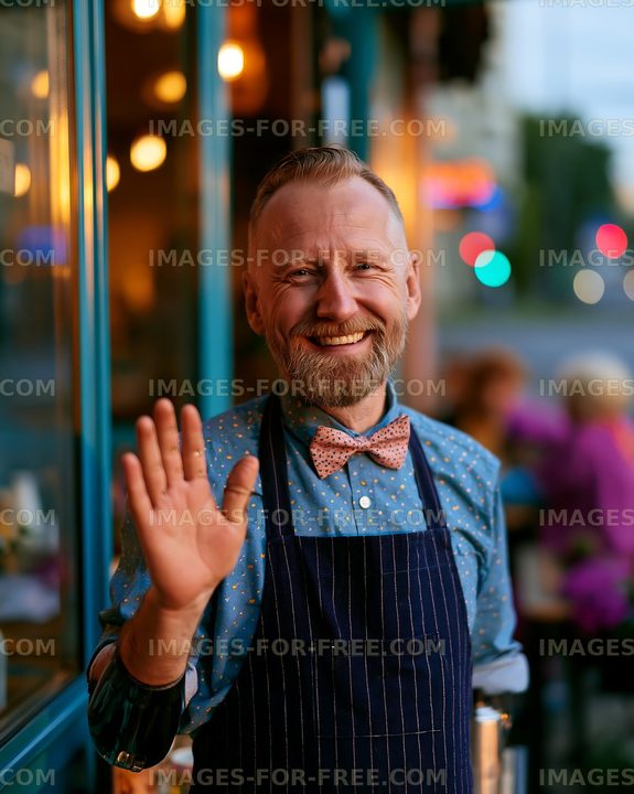 Smiling man in an apron greets customers at a cafe