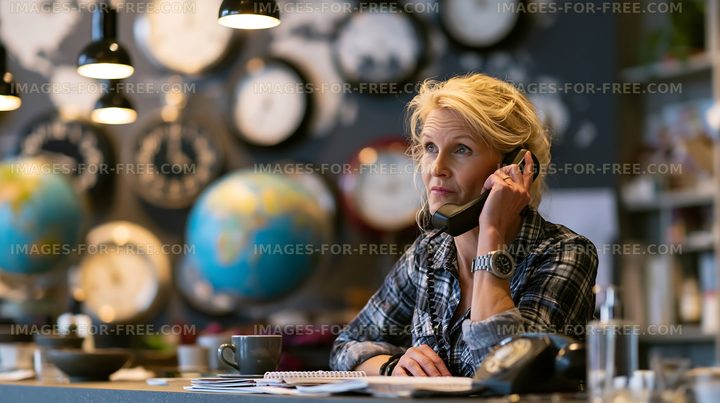 Woman talking on the phone in a cafe with clocks on the wall