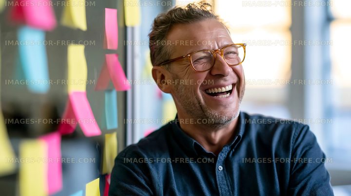 Man laughing in an office setting with colorful sticky notes