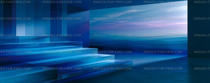 Modern interior space with blue lighting and distant landscape view