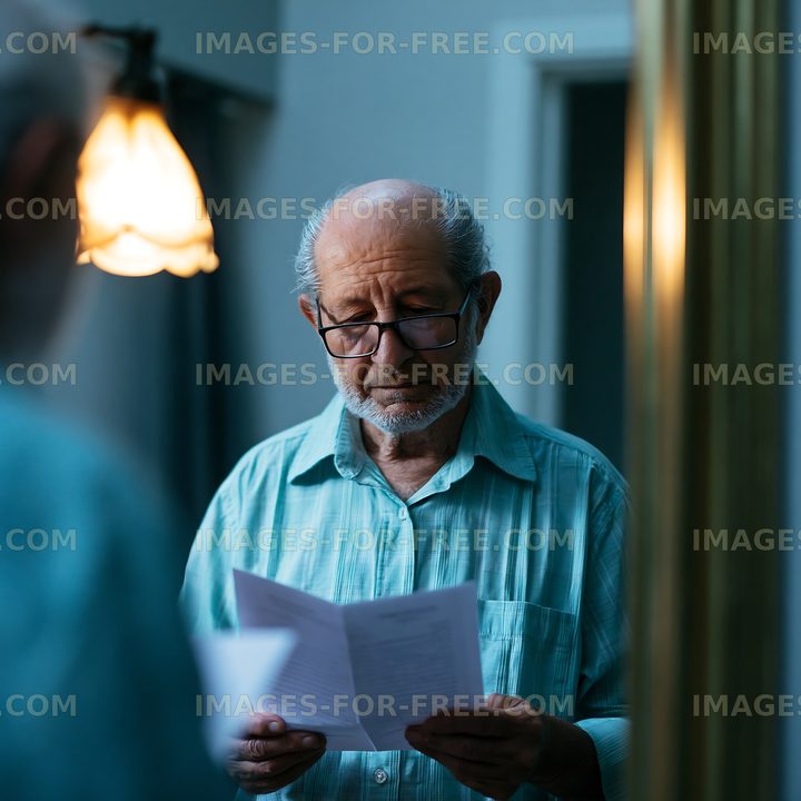 Elderly man reading a document in a room with soft lighting