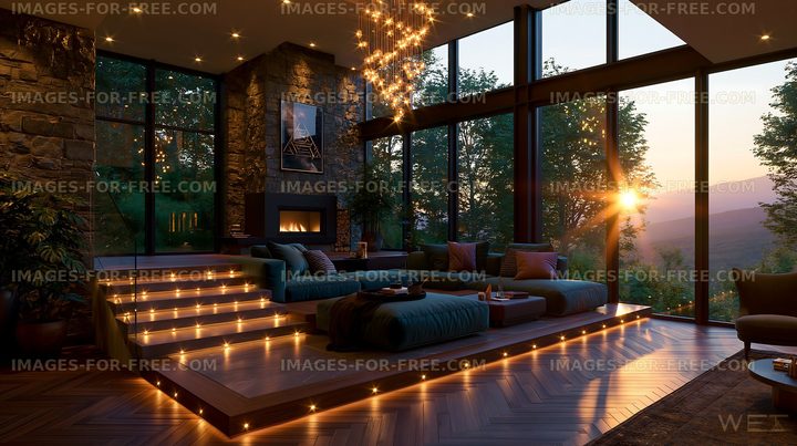 Cozy living room with large windows and sunset view