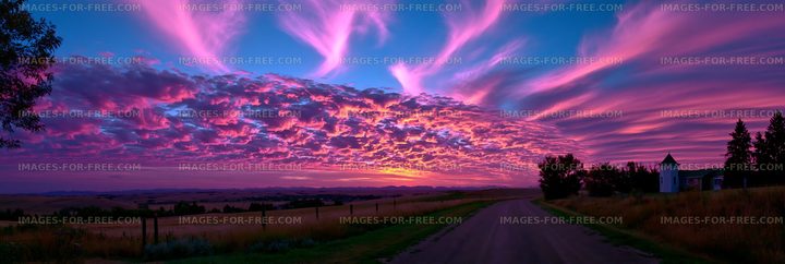 Colorful sunset over a rural landscape with clouds and road