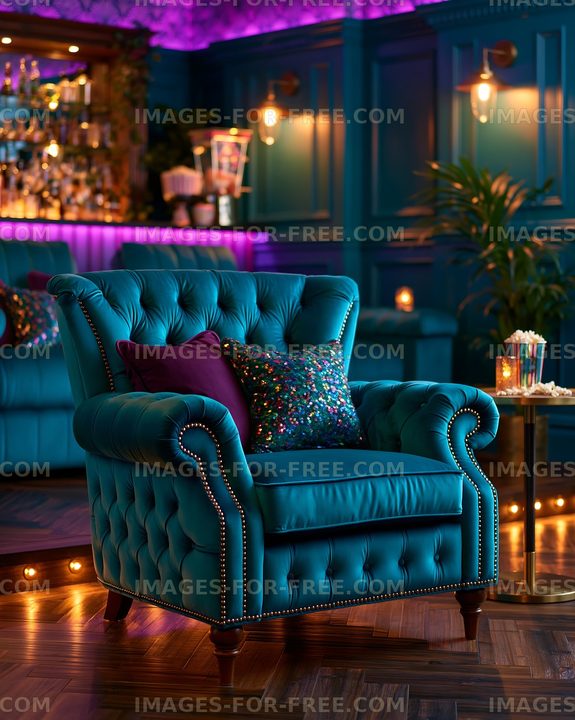 Cozy teal armchair in a vibrant bar with purple lighting