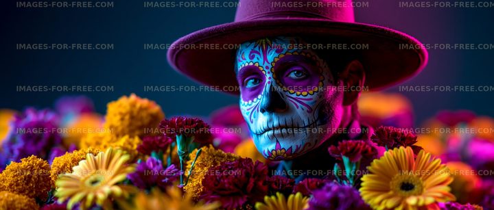 Person with decorative skull face paint surrounded by flowers