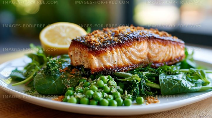 Grilled salmon on a bed of greens with lemon wedge