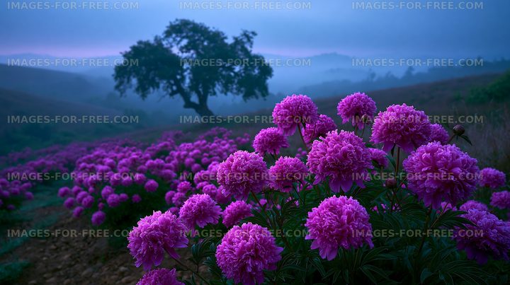 Purple flowers in a field under a twilight sky