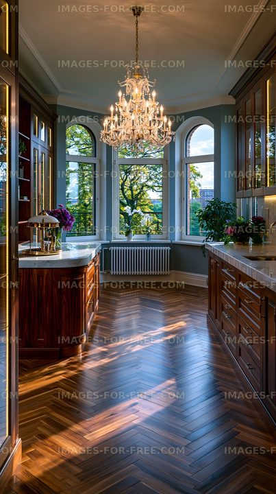 Bright kitchen with large windows and wooden cabinetry
