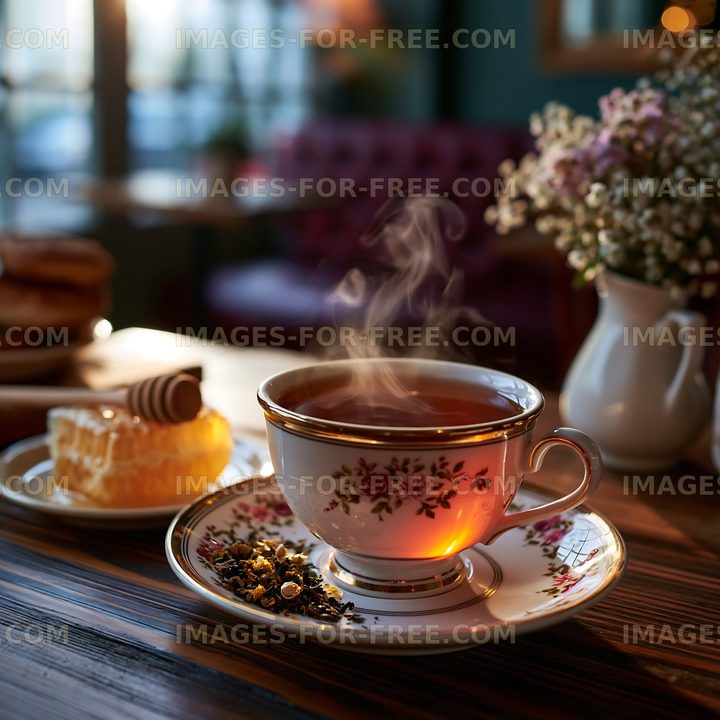 Warm tea cup with steam on a wooden table next to dessert